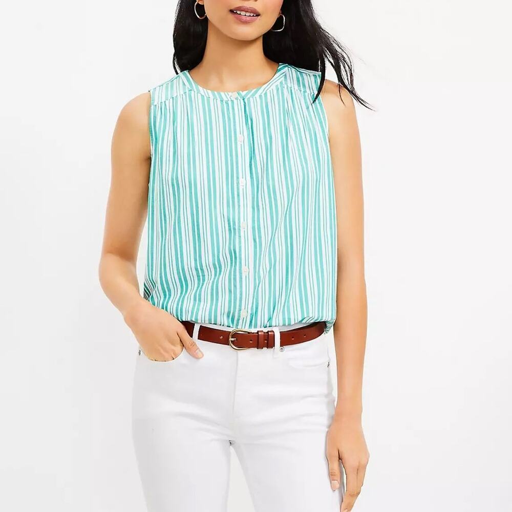 New LOFT Green Striped Sleeveless Button‎ Down Top